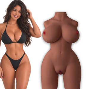 Bikini model beside brown female silicone torso product