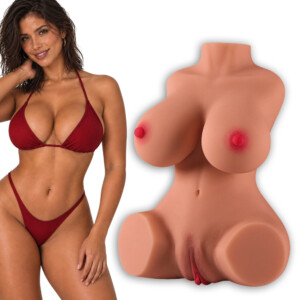 Woman in burgundy bikini beside torso-shaped adult toy