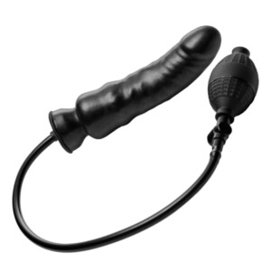 Black inflatable anal plug with attached hand pump