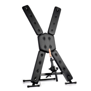Black padded X-shaped adult restraint chair with mounted dildo