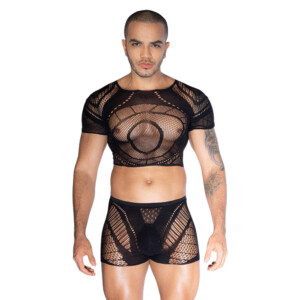 Model wearing black mesh crop top and boxer briefs