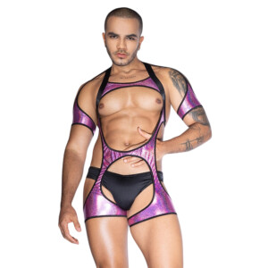 Model wearing iridescent purple harness bodysuit and black briefs