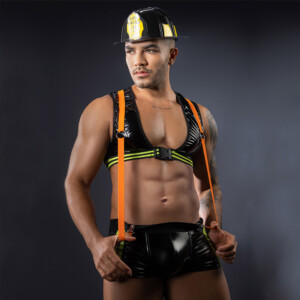 Model wearing firefighter-inspired black and orange costume
