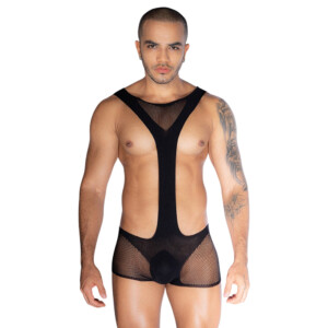 Male model wearing black mesh bodysuit against white background