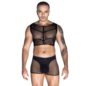 Male model wearing black mesh crop top and shorts