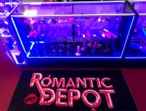 Romantic Depot Manhattan adult toy section featuring strap-on dildos, vibrating butt plugs, and male masturbators on display shelves.