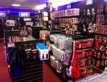 Vibrators, strap ons, and male masturbators on display at Romantic Depot Manhattan adult toy store