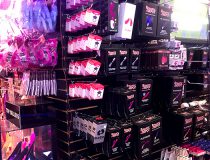 Display of realistic dildos, anal toys, and cock sleeves at Romantic Depot Manhattan adult store