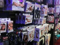 Shelves of dildos, vibrators, and adult toys inside Romantic Depot Manhattan store
