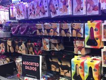 Romantic Depot Manhattan adult toy section featuring a wide variety of vibrators, dildos, and pleasure items