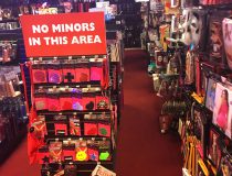 Adult toy display at Romantic Depot Manhattan featuring vibrators, dildos, and intimacy products for couples