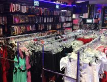 Lingerie display at Romantic Depot Manhattan featuring sexy teddies, bras, and intimate apparel