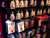 Men’s underwear section at Romantic Depot Manhattan featuring a variety of sexy boxers, briefs, and novelty lingerie for men on display.