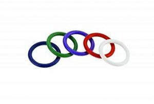 Set of colorful silicone cock rings in red, blue, green, and white