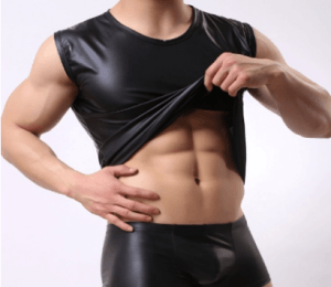 Men’s sleeveless black faux leather fetish top and shorts set, shiny tight outfit for kink, roleplay, or clubwear, available at Romantic Depot NYC