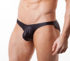 Men’s black faux leather thong with bulge pouch, sexy fetish underwear for kink play and clubwear, sold at Romantic Depot NYC