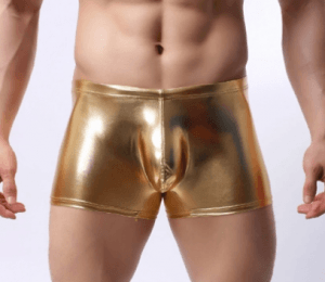 Men’s gold metallic boxer briefs with bulge pouch, sexy fetishwear shorts for kink, clubwear, or costume play, available at Romantic Depot NYC