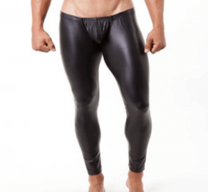 Men’s black faux leather leggings with bulge pouch, tight fetishwear pants for kink, cosplay, or clubwear, sold at Romantic Depot NYC