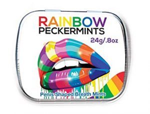 Rainbow PeckerMints novelty tin with penis-shaped breath mints for LGBTQ+ fun