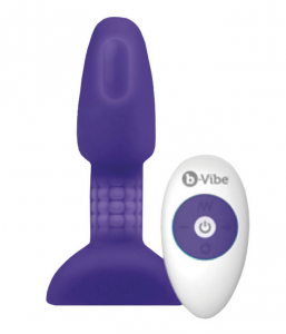 b-Vibe vibrating anal plug with remote control, textured purple silicone base, premium prostate massager for anal play, available at Romantic Depot NYC