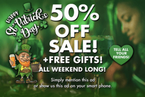 St. Patrick’s Day promotional banner at Romantic Depot featuring themed adult products and festive green design.