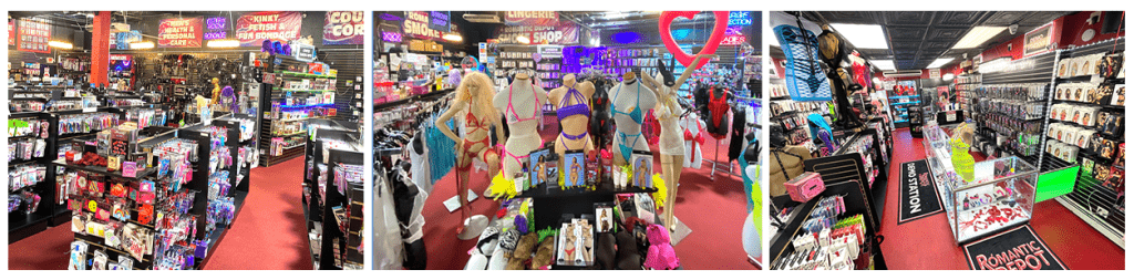 Three interior views of Romantic Depot adult store showcasing shelves filled with sex toys, lingerie, bachelorette gifts, mannequins in lingerie, and bright neon signage.