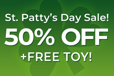 St. Patty’s Day Sale banner with 50% off and free toy offer at Romantic Depot