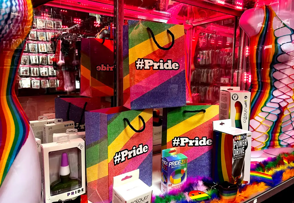 Pride-themed gift bags and rainbow adult toys on display at Romantic Depot, surrounded by vibrant lingerie and colorful lighting