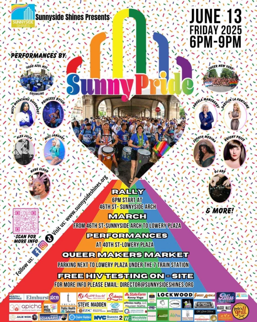 SunnyPride 2025 event poster by Sunnyside Shines featuring LGBTQ+ performers, queer makers market, HIV testing, rally, and march in Queens, NY on June 13.