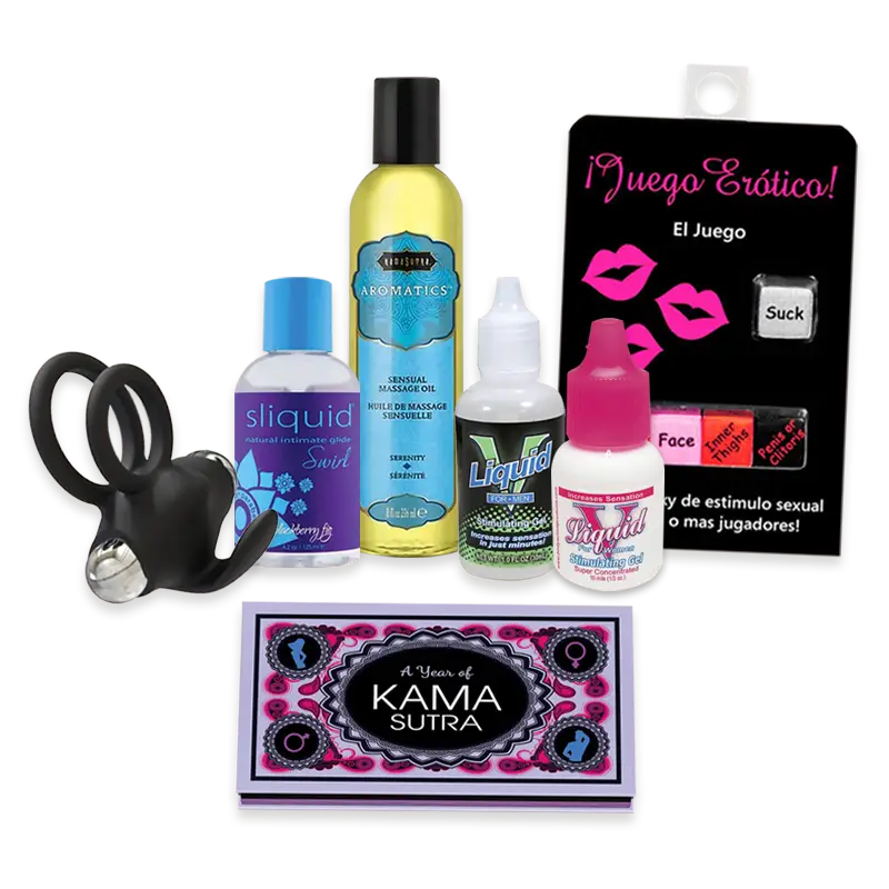 Couples sex toys, lingerie store, sex shop – Romantic Depot kit with games, lubes, ring, and Kama Sutra