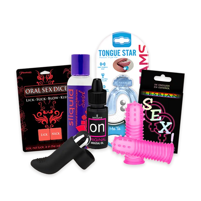 Oral sex enhancement kit with dice game, lube, arousal gel, tongue toy, and textured finger sleeves – Romantic Depot