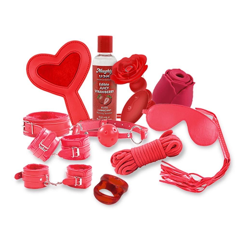 Red bondage kit for couples with restraints, blindfold, heart paddle, rose vibrator, and edible lube – Romantic Depot