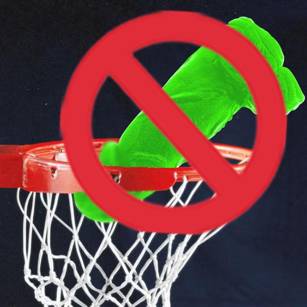 Green sex toy above a basketball hoop with a red prohibition symbol, representing unsafe and disrespectful fan behavior