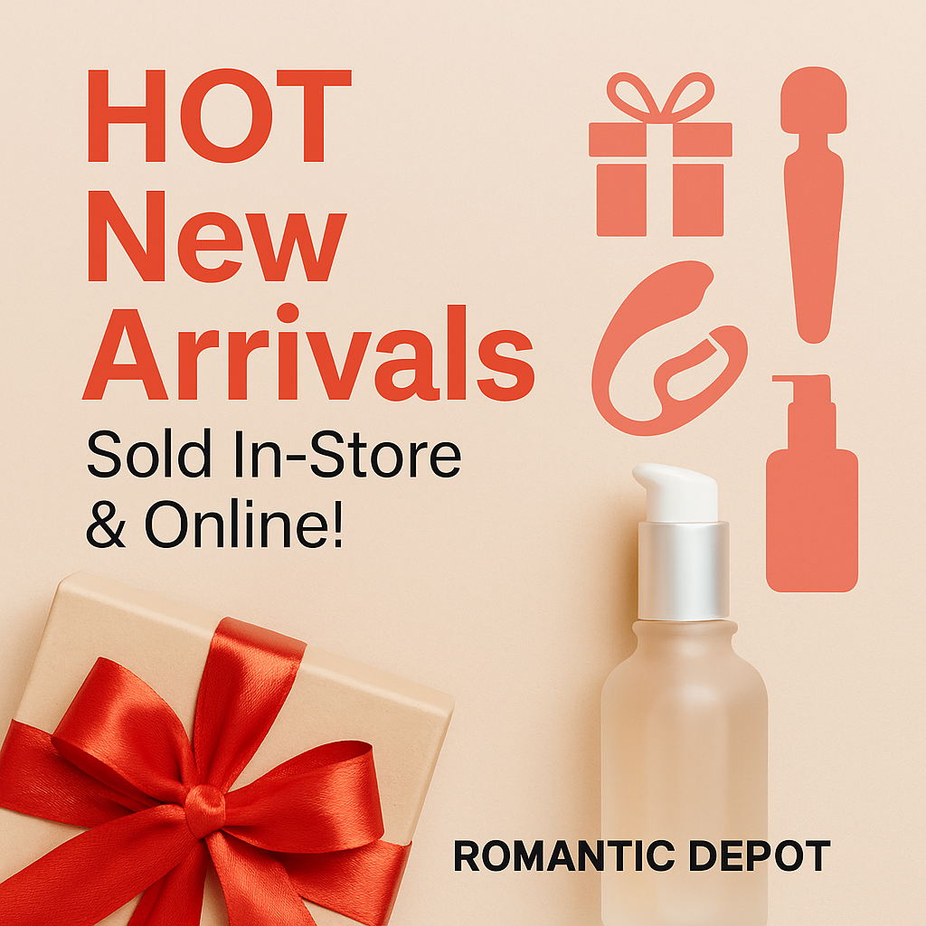 Romantic Depot Hot New Arrivals banner with gift box and product icons promoting new in-store and online items