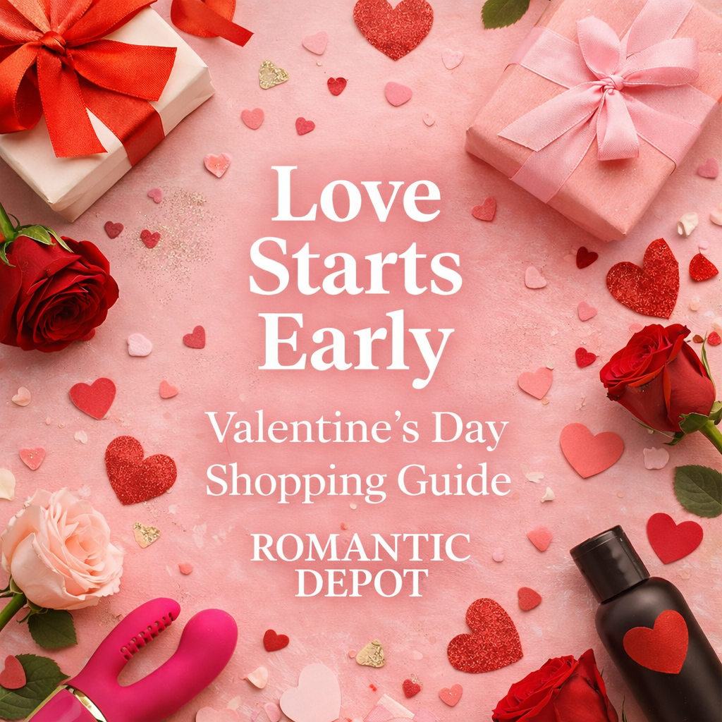 Love Starts Early Valentine’s Day shopping guide by Romantic Depot featuring romantic gift ideas and intimacy essentials