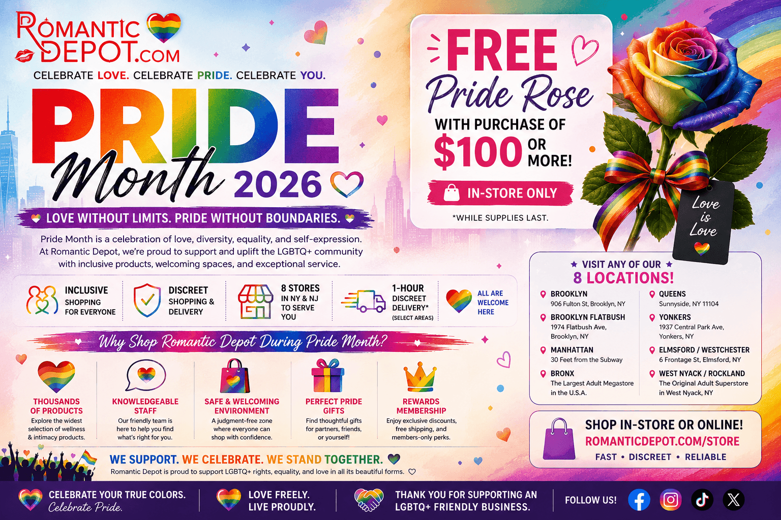 Celebrate Pride Month 2026 at Romantic Depot with a FREE Pride Rose on $100+ purchases and LGBTQ-friendly wellness products.