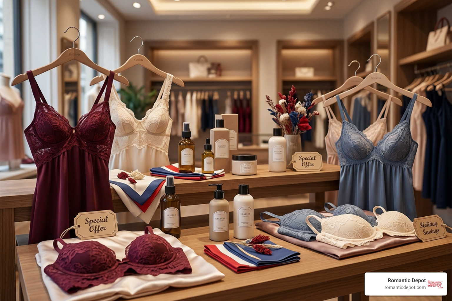 AI hero image for Romantic Depot Labor Day Sale featuring lingerie, intimacy products, and holiday savings